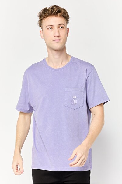 CELIO Men Crew Neck Short Sleeve Embroidered T Shirt, Purple