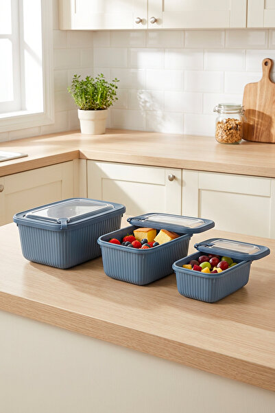 Homekolik Set of 3 Rectangular Storage Containers Blue – Suitable for Microwa...