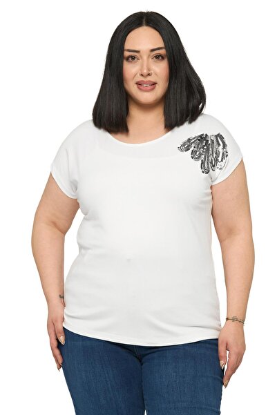 DISENTIS MODEST Plus Size Low Short Sleeve Ecru Blouse with Drop Pattern on t...