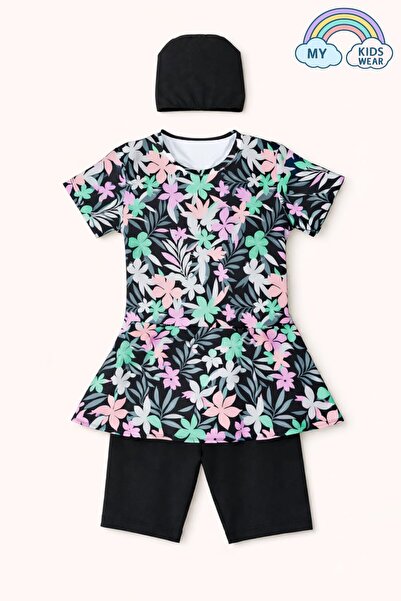 My Kids Wear طقم ملابس سباحة بناتي منقوش مع شورت وقبعة 12572