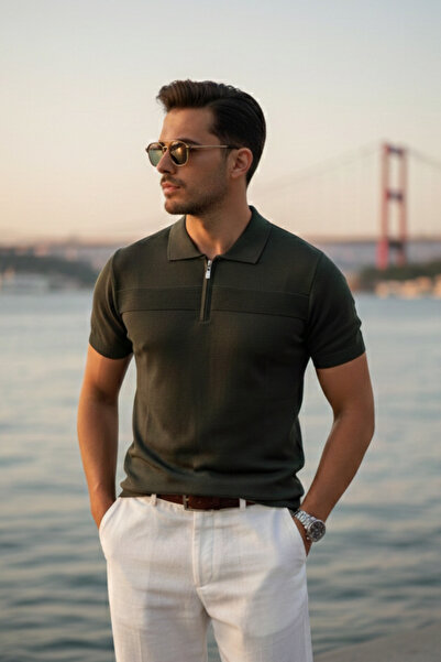 Maccali Men's Trend Khaki Polo Collar Knitwear T-Shirt