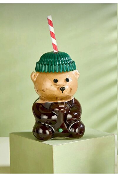 Erbaşlar Barista Glass Cold Drink Cup with Teddy Bear 550 ml