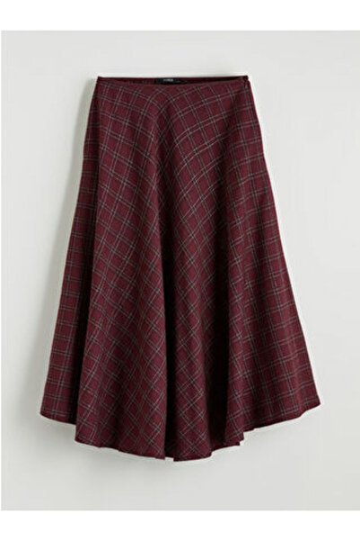 LC Waikiki Bordo Beli Fermuarlı Ekose Kloş Etek