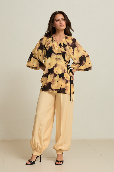 Setre Black-Yellow Patterned Blouse with Tie Detail, Long Sleeves, Relaxed Fit