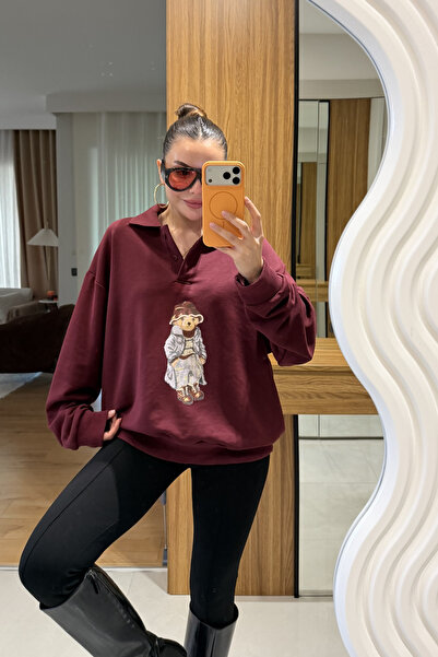 Gizem Ecemiş Monice Bordo Ayı Baskılı Şardonsuz Sweat