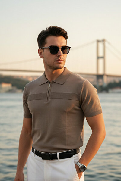 Maccali Men's Trend Brown Polo Collar Knitwear T-Shirt