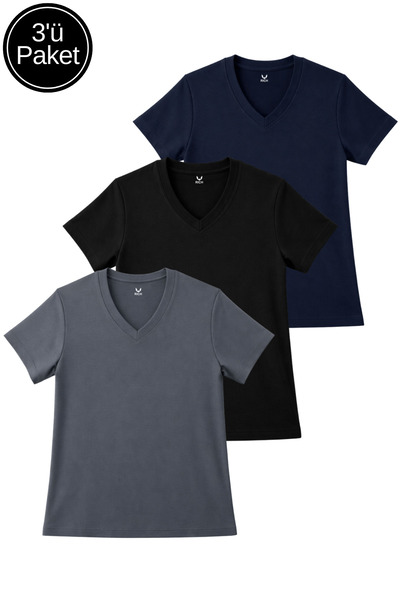 Rich Pachet de 3 tricouri de damă, negru-antracit-albastru marin, cu textură ...