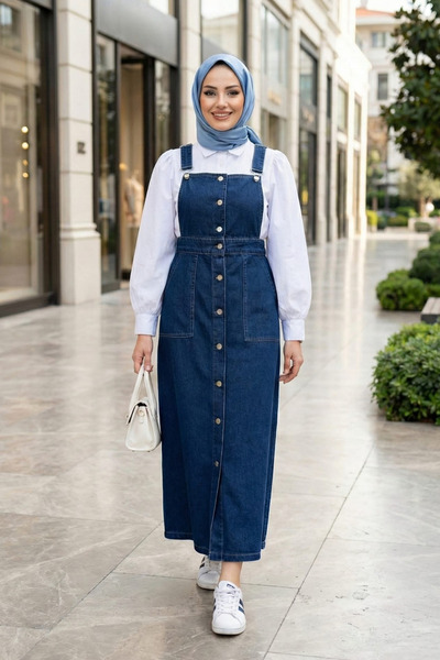 Hb Harma Time Butik Women's Navy Blue Denim Salopet with Adjustable Straps an...