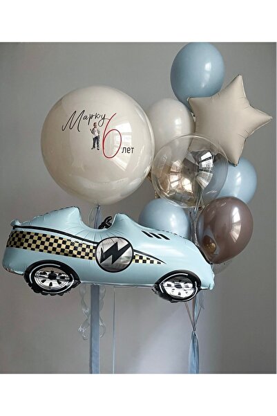 Çemrek Süs Parti Blue Race Car Set with 10 Jumbo Balloons and Star Balloons