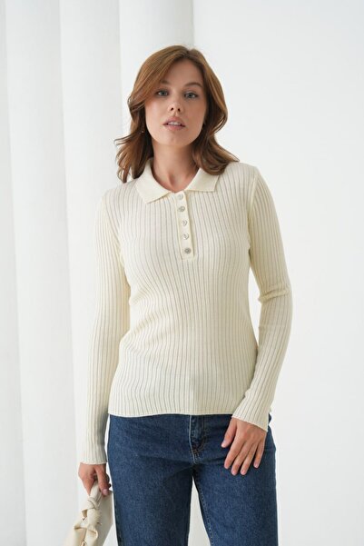 Arbucky Women's Shirt Collar Buttoned Ribbed Slim Knit Sweater