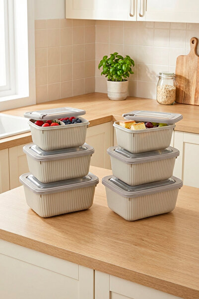 Homekolik Set of 6 Rectangular Storage Containers Beige – Suitable for Microw...