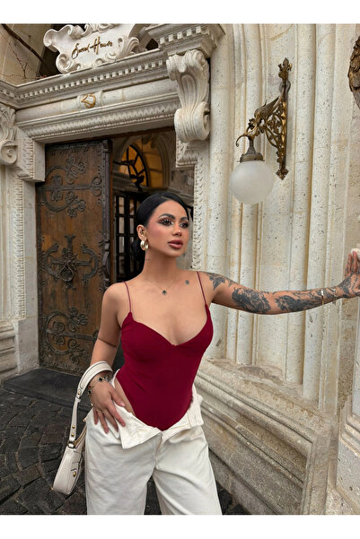 kırmızı butiks Bordo İp Askılı Basic Bodysuit