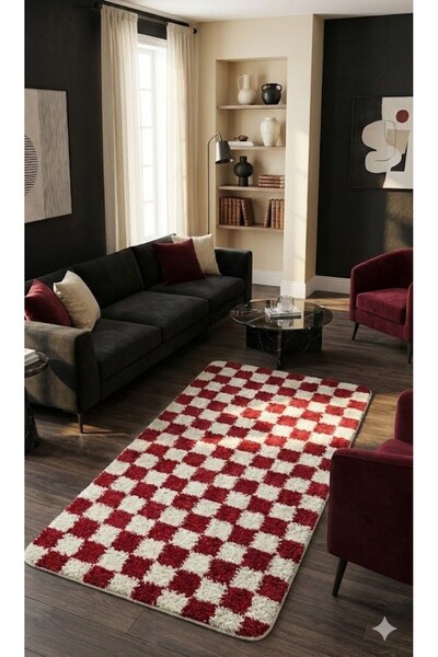 EUROBANO Chess Dama Red-Bone Washable Carpet Runner Living Room Balcony Hallw...