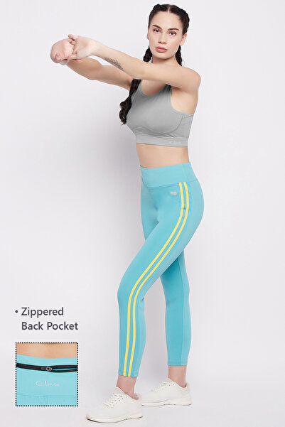 Clovia High-Rise Active Tights in Sky Blue with Back Pocket