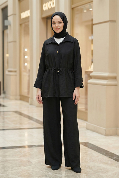 FERHEL Women's Cap Blouse and Trousers Set - Cotton Crinkle Fabric - Black