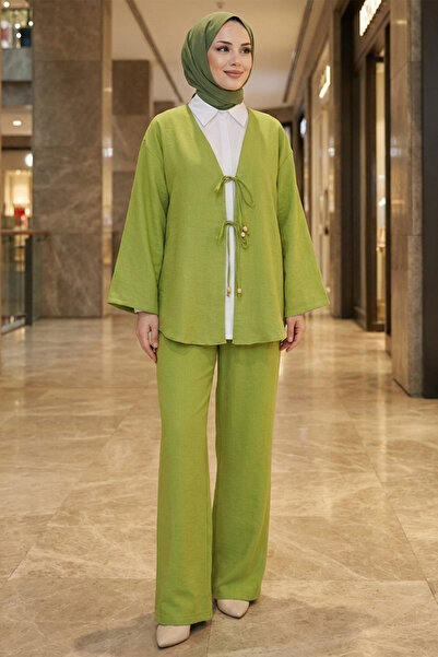 FERHEL Women's Front-Tie Kimono and Trousers Set - Oil Green