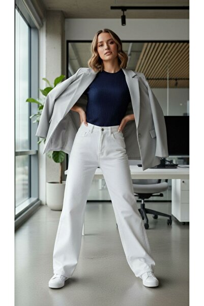Dema White High Waist Denim Palazzo Trousers - Wide Leg Stylish Model