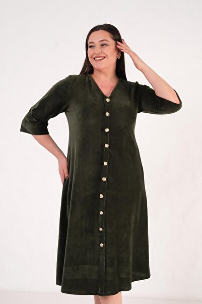 Truva XXL Front Buttoned Ribbed Khaki Midi Dress with Thin Sleeves Premium Qu...