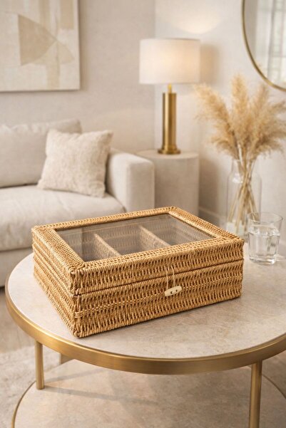 YzHome سلة تنظيم وتنظيم من الخيزران والروطان، صندوق شاي بـ 4 أقسام، 30*22*12 سم