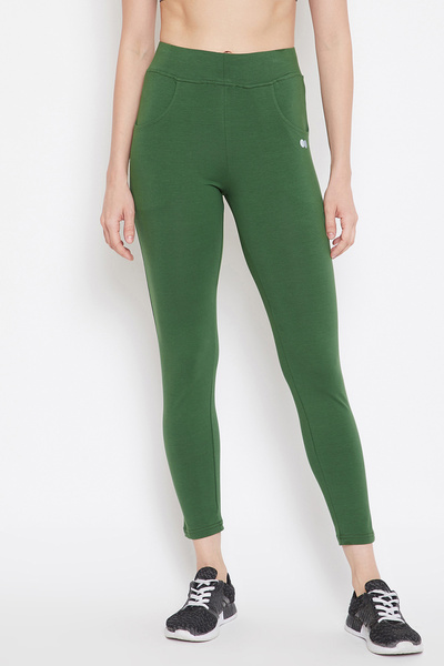 Clovia Snug Fit High Rise Active Tights in Green with Side Pockets