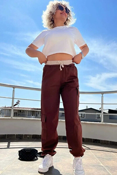 Swana Pantaloni cargo de damă din țesătură de in - Maro