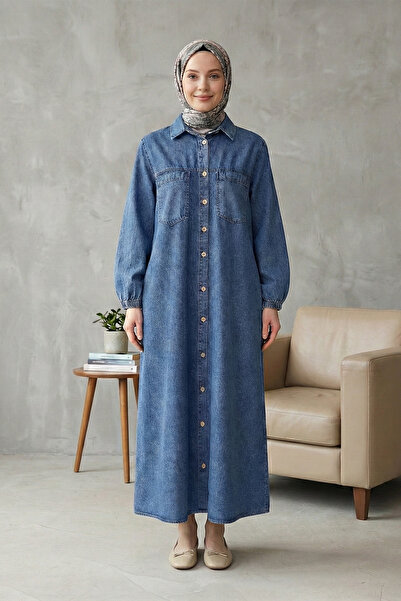 FERHEL Women's Buttoned Long Dress with Elastic Sleeves and Pockets - Ice Blue