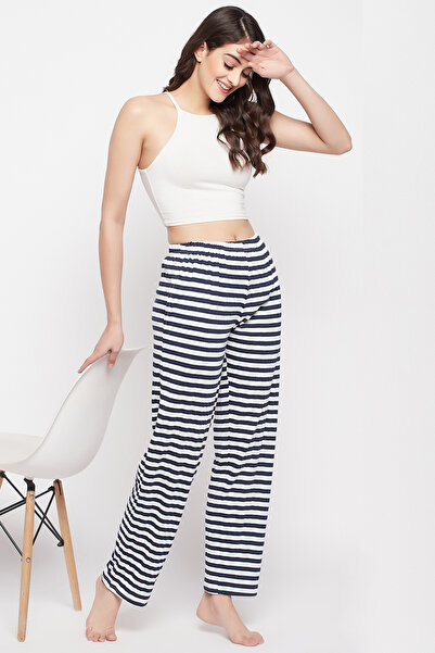 Clovia Sassy Stripes Pyjama in Navy - 100% Cotton