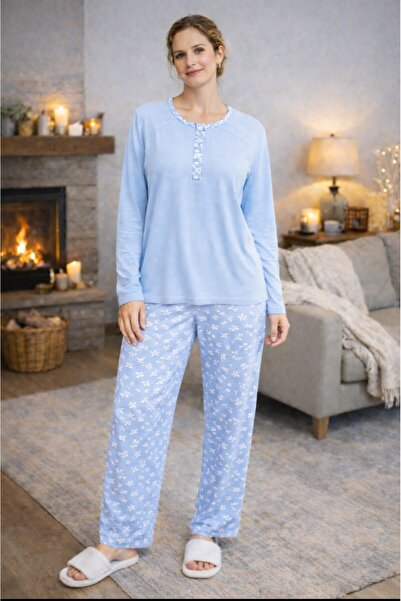 YUYİ Nena %100 Cotton Long Sleeved Plus Size Buttoned Collar Women's Pajama S...