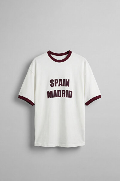 ablukaonline Men's Oversize City Series Contrast Collar T-Shirt Ecru / Plum