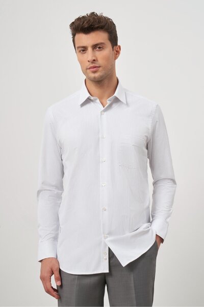 İmza قميص أبيض بأكمام طويلة وجيوب ذاتية الصنع من القطن بقصة كلاسيكية مريحة 10...