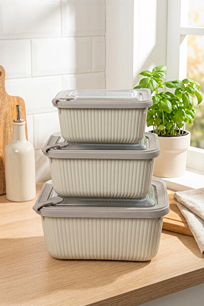 Homekolik Set of 3 Rectangular Storage Containers Beige – Suitable for Microw...