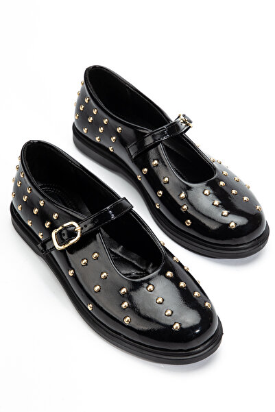 RİSSOLİ Women's Black Patent Leather Strappy Casual Ballerinas with Trop Detail