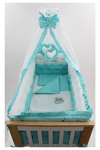 PRICHINDEL Canopy with Heart Decorations, Turquoise with Dots, 300x160cm