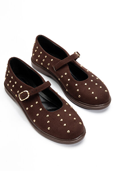 RİSSOLİ Women's Brown Suede Strappy Casual Ballerinas with Trop Detail