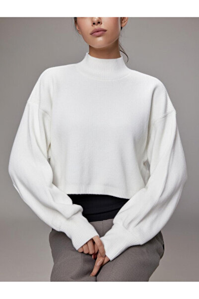 Kutaf Women's White Half Turtleneck Oversize Knitwear Sweater Crop Ribbed Loo...