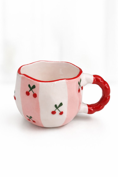 Çağ Seramik Pembe Kiraz Desenli El Yapımı Seramik Kupa – Kırmızı Kulplu Krem ...