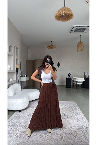 Buket Teke Brown Double Layer Wrinkled Fabric Maxi Skirt