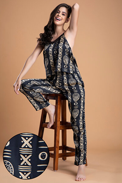Clovia Tribal Print Cami Top & Pyjama in Black - Satin