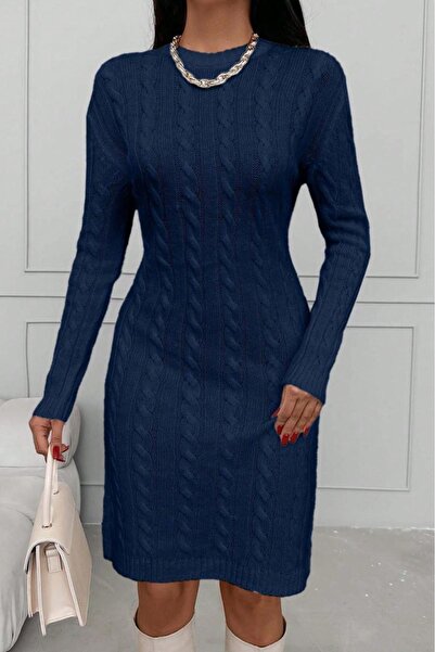 Sea Style Women's Burgundy Knitwear Knee-Length Dress – Crew Neck, Long Sleev...