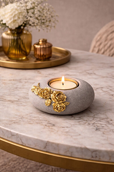 Sabletscrafts El Yapımı Gri Antik Gold Çiçekli Beton Mumluk | Dekoratif Teali...