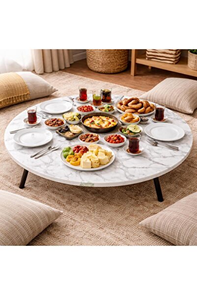 MAVİ TREND 70 Cm Çap - Ahşap Kaplama Katlanabilir Yer Sofrası - Oyun Masası -...