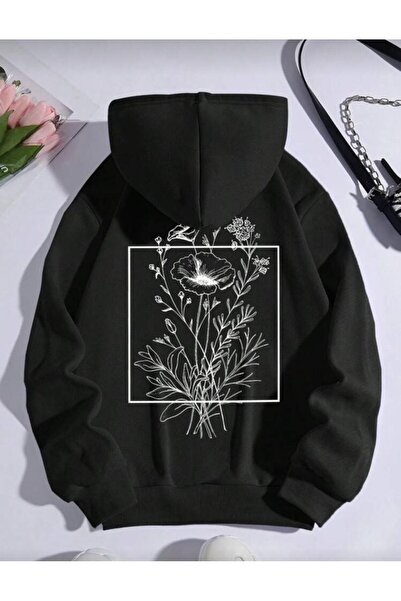 Oceanwear Minimal Floral Printed Plain Black Hooded Men's Sweatshirt