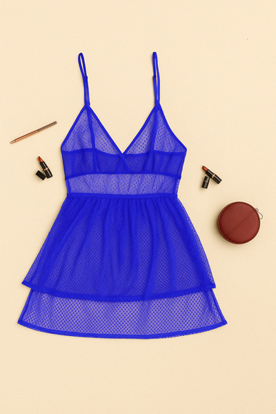 Clovia Chic Basic Babydoll in Royal Blue with G-string - Mesh