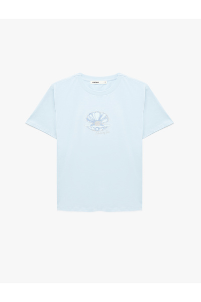 Koton تيشيرت نسائي أزرق مطبوع صدفة بحرية