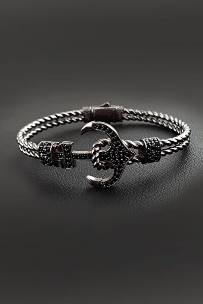 OSESHOP Oniks Taş Detaylı Çelik Çapa Figürlü Bileklik