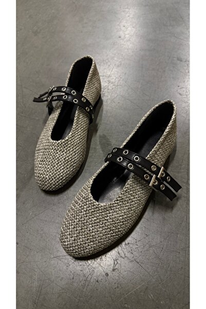 Eataly Shoes Portofino Gray Straw Black Belt Detailed Ballerinas