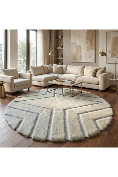 deco marié Krem, Beyaz Tonlu Yuvarlak Geometrik Desenli Peluş Halı – Yumuşak ...