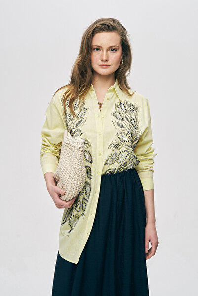 Orfeo Negro Women's Oversized Shirt with Front Pattern, Sequins and Bead Embr...