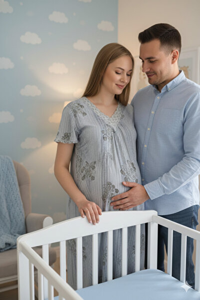 5.MEVSİM Boydan Mother's Nightgown Gray Striped Lycra Short Sleeve Nightgown