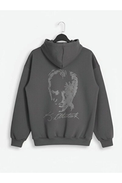 MOONBULL Hanorac unisex cu imprimeu pe spate cu semnătură a lui Atatürk și cu...